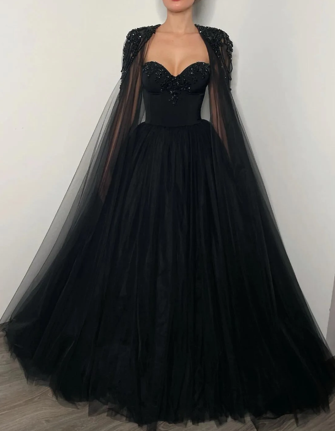 Black romantic wedding dress Black crystal beaded corset wedding tulle dress, elegant beaded bride dress fg362