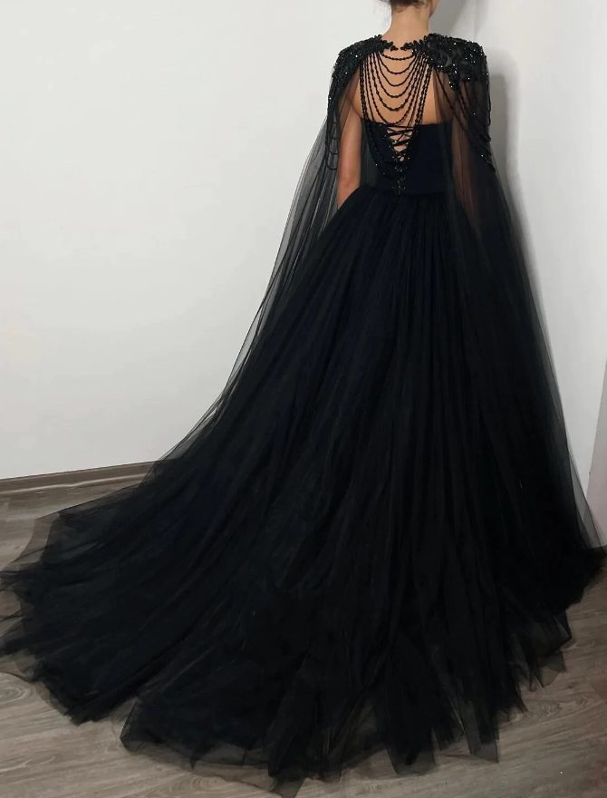 Black romantic wedding dress Black crystal beaded corset wedding tulle dress, elegant beaded bride dress fg362
