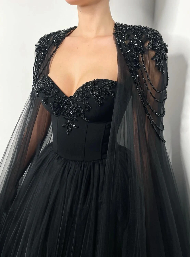 Black romantic wedding dress Black crystal beaded corset wedding tulle dress, elegant beaded bride dress fg362