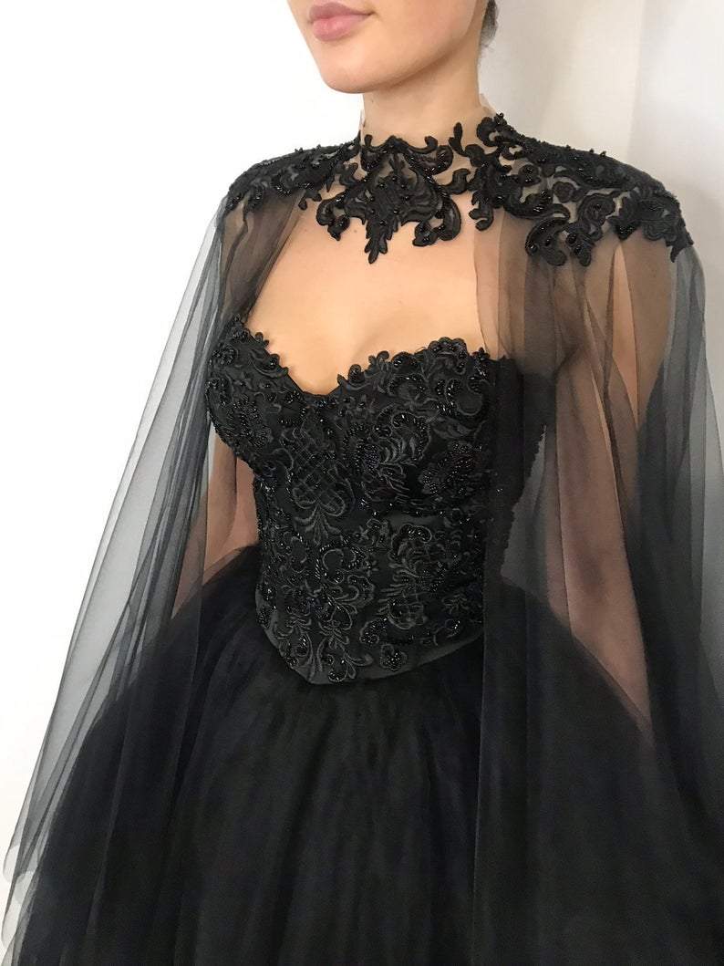 Black gothic corset lace wedding dress with cape, heavy beading fantasy gown, black tulle wedding dress, alternative bride dress fg372