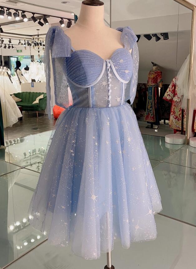 Lovely Blue Short Tulle Homecoming Dress Prom Dresses, Blue Evening Dresses fg425