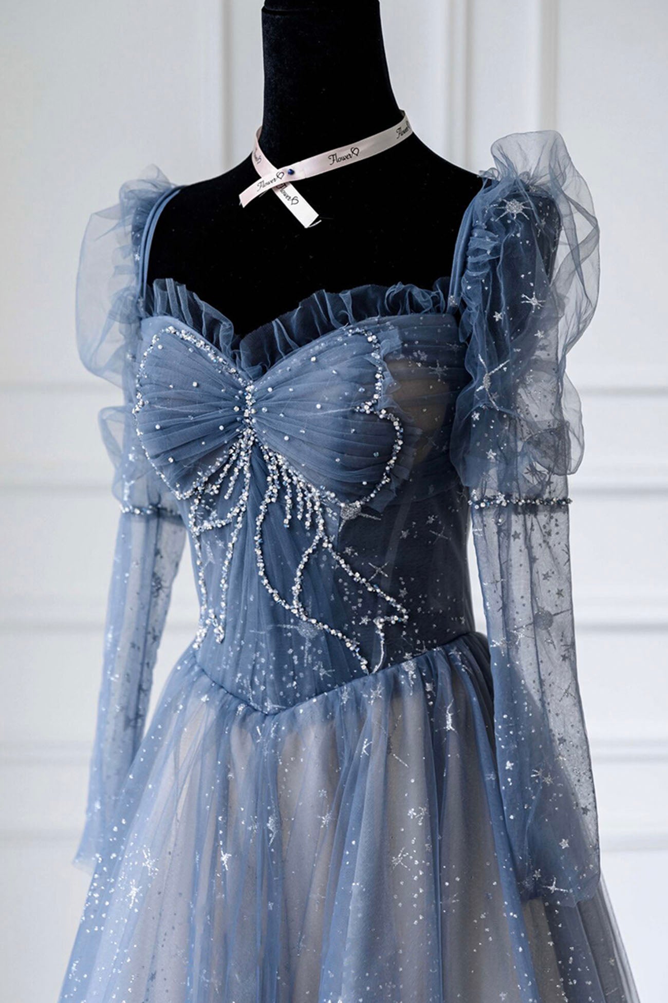 BLUE TULLE BEADS LONG PROM DRESS BLUE EVENING DRESS fg426