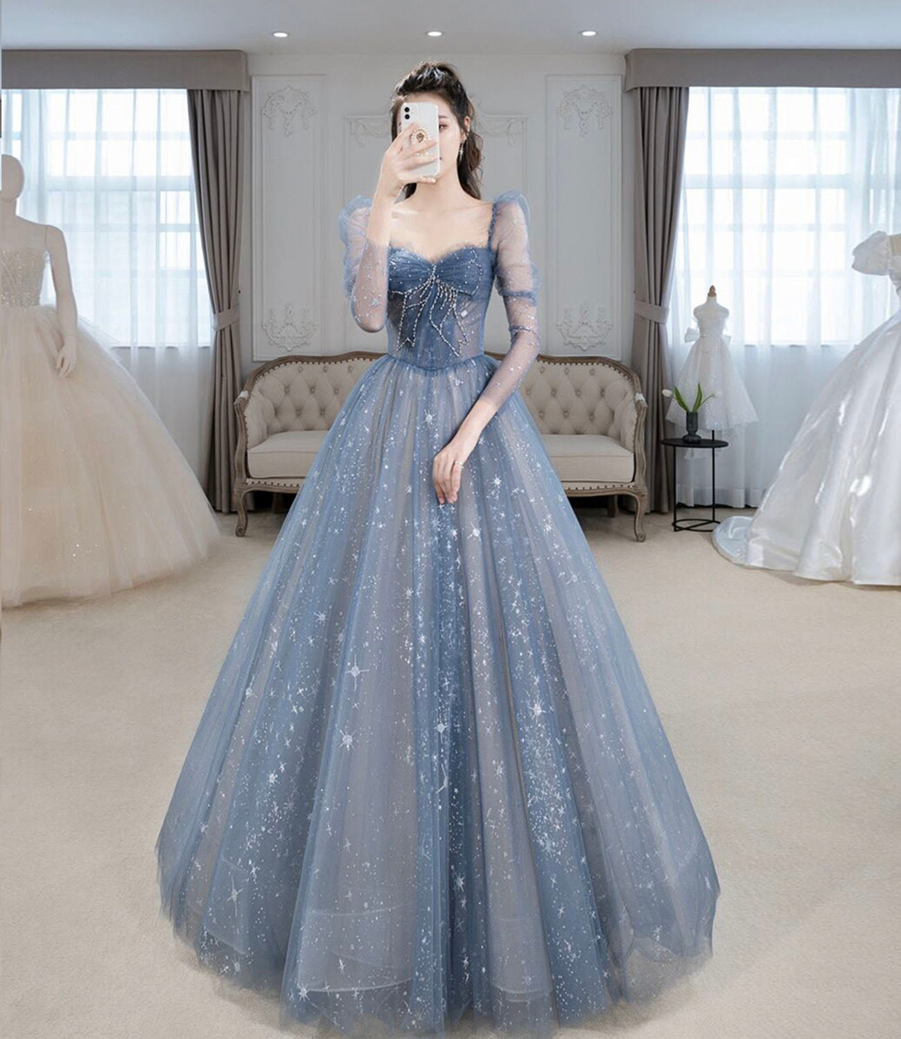 BLUE TULLE BEADS LONG PROM DRESS BLUE EVENING DRESS fg426
