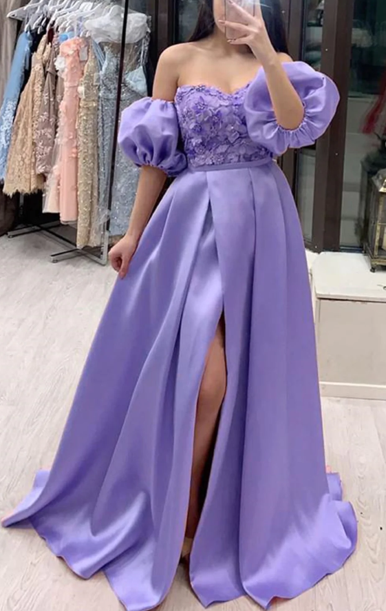 Removable Sleeves Lavender Lace Long Prom Dresses with High Slit, Lavender Lace Formal Dresses, Purple Evening Dresses fg478
