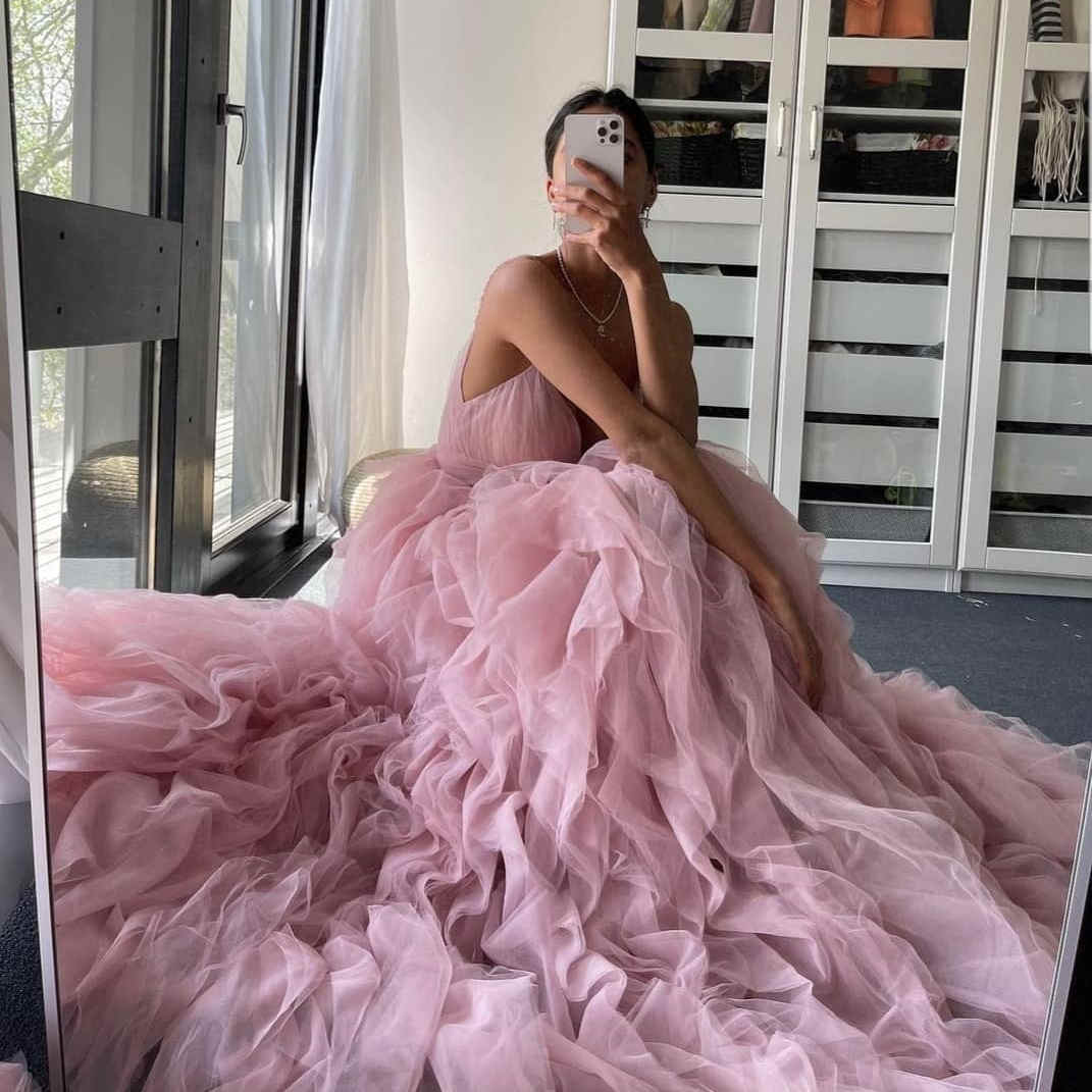 Straps Blush Pink Prom Dress with Cacasding Ruffles fg540