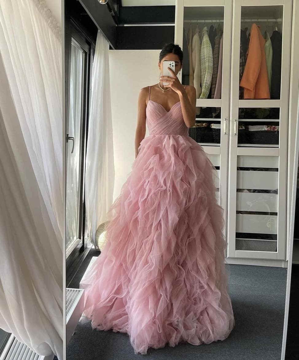 Straps Blush Pink Prom Dress with Cacasding Ruffles fg540