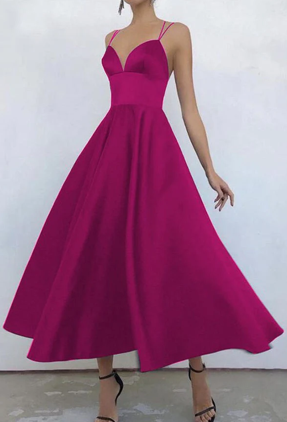 Simple V Neck Satin Burgundy Tea Length Prom/Evening Dresses fg578