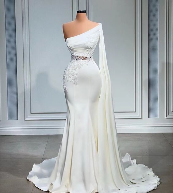 white wedding dress, mermaid wedding dress, vestidos de novia, one shoulder wedding dress fg676