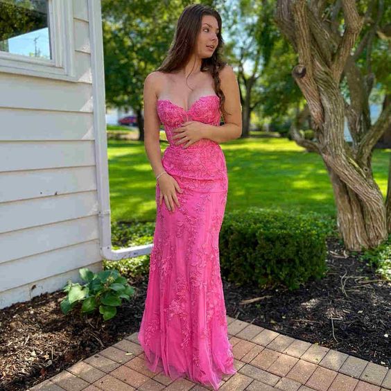Strapless Hot Pink Lace Long Prom Dress with Appliques fg826