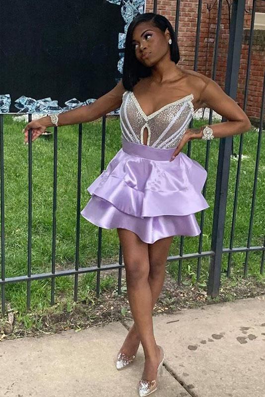 V Neck Purple Strapless Homecoming Dresses Satin Sequins Above Knee Short Prom Dress fg829