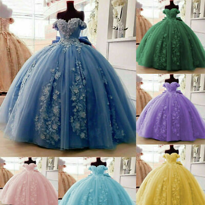 Quinceanera Dresses 3D Floral Applique Off Shoulder Sweet 16 Ball Gown With Big Bow fg891