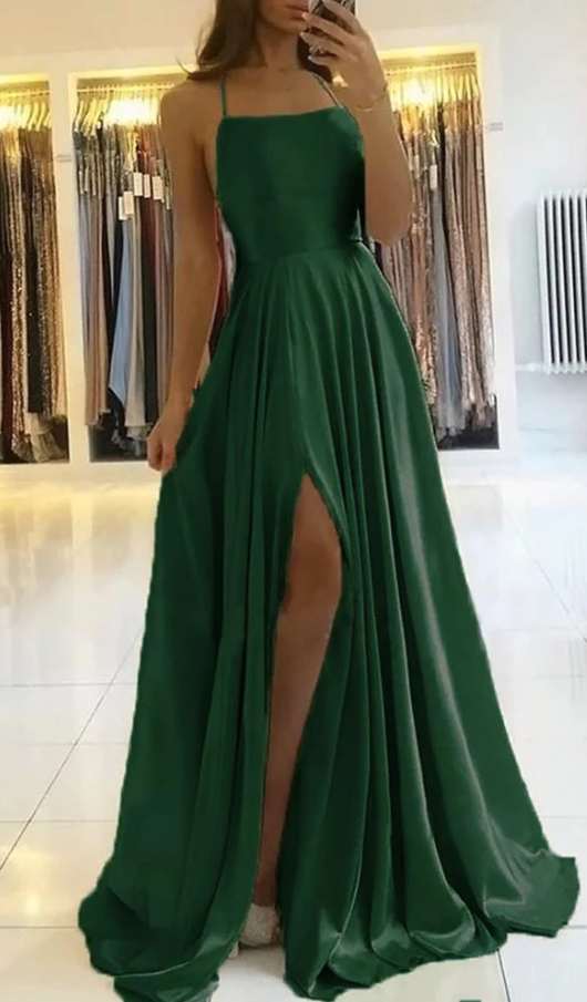 Amazing Spaghetti Straps Satin Sexy Slit Dark Green Prom Dress fg89