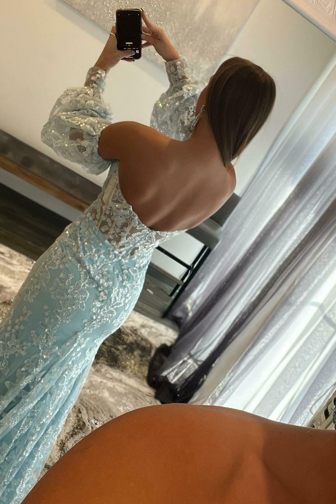 Light Blue Lace Strapless Puff Sleeve Long Prom Dress fg93