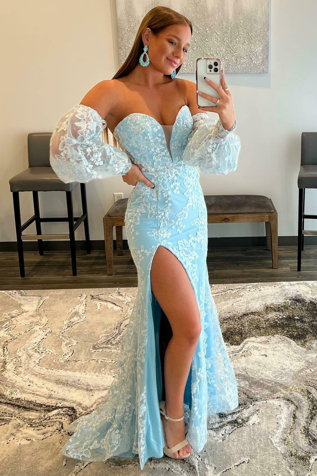 Light Blue Lace Strapless Puff Sleeve Long Prom Dress fg93