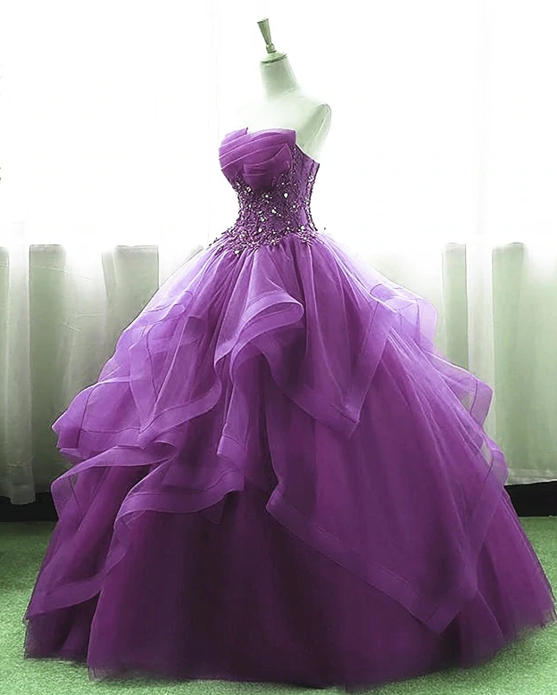 Purple Ball Gown Organza and Tulle Sweet 16 Dress with Lace Appique, Purple Formal Gown fg99