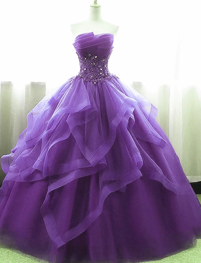 Purple Ball Gown Organza and Tulle Sweet 16 Dress with Lace Appique, Purple Formal Gown fg99
