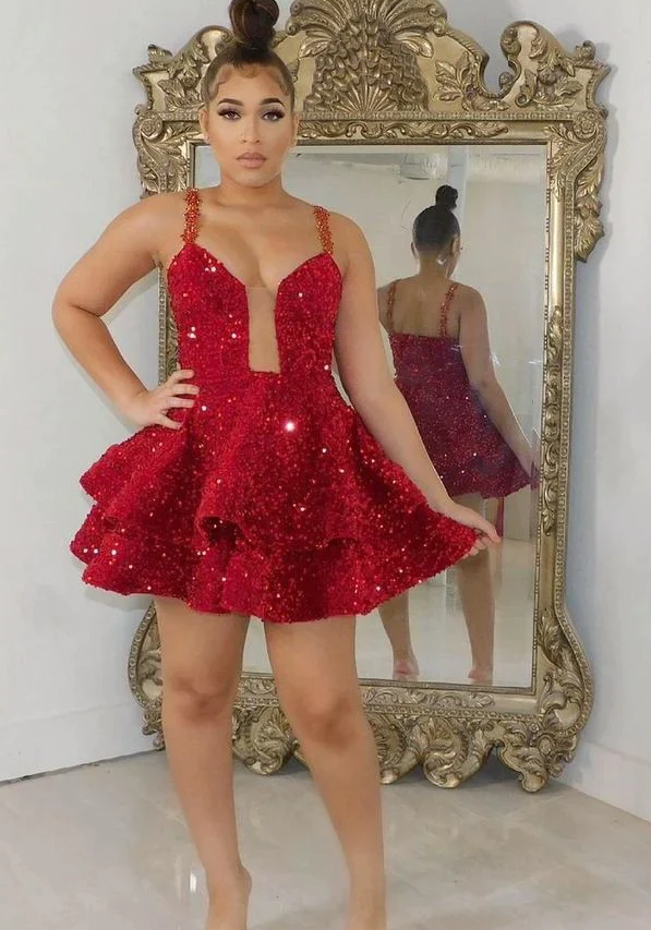 Short red flared sequins dress, short red sequins prom dress fg990