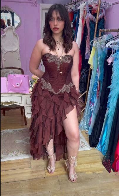 Vintage Hot Pink Lace Chiffon Ruffles Evening Dress Strapless Prom Dress fg8442