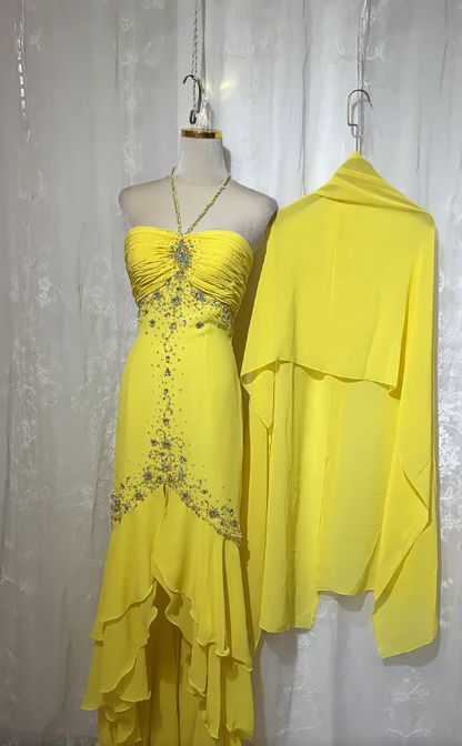 Stunning Yellow Halter Neck Sheath Chiffon Beaded Hi-Lo Prom Dresses Elegant Wedding Guest Dresses  fg8547