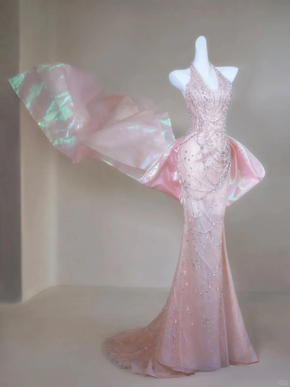 Mermaid Halter Light Pink Satin Beaded Long Prom Dress,Formal Evening Dress  fg8496
