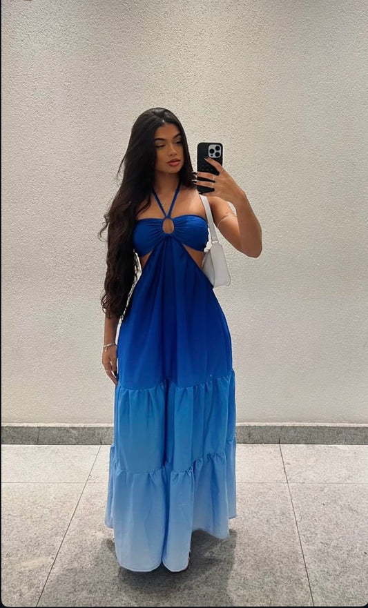 Halter Neck Blue Gradient Prom Dress Graduation Dress Evening Dress fg8480