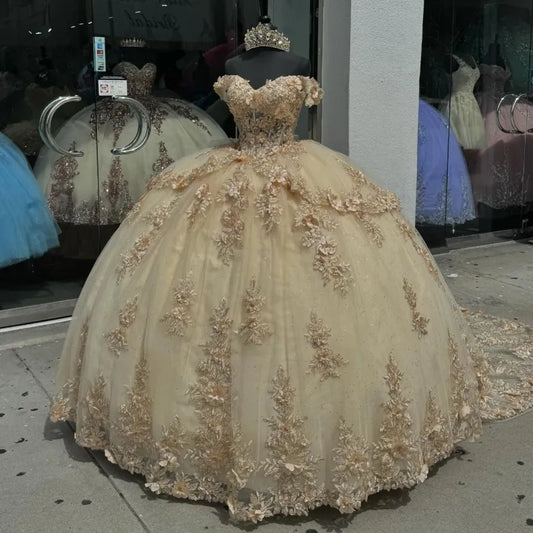Champagne Off the Shoulder Ball Gown Applique Quinceanera Dress with Train     fg8023