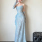 Blue Lace Mermaid Long Prom Dress Sexy Evening Dresses   fg7665