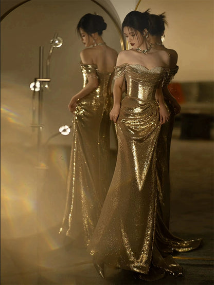 Mermaid Gold Long Prom Dress Sexy Off Shoulder Evening Dresses   fg7664
