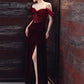 Burgundy Velvet Mermaid Long Prom Dress Off Shoulder Evening Dresses With Slit    fg7669