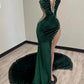 Green Velvet Prom Dresses African Mermaid Evening Dress With Slit      fg4128