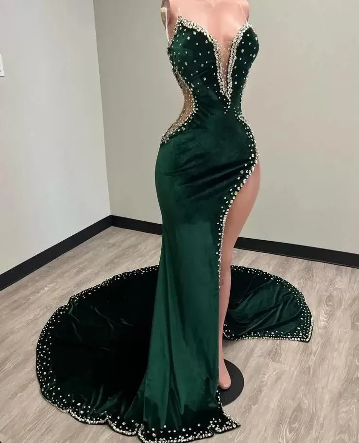 Green Velvet Prom Dresses African Mermaid Evening Dress With Slit      fg4128