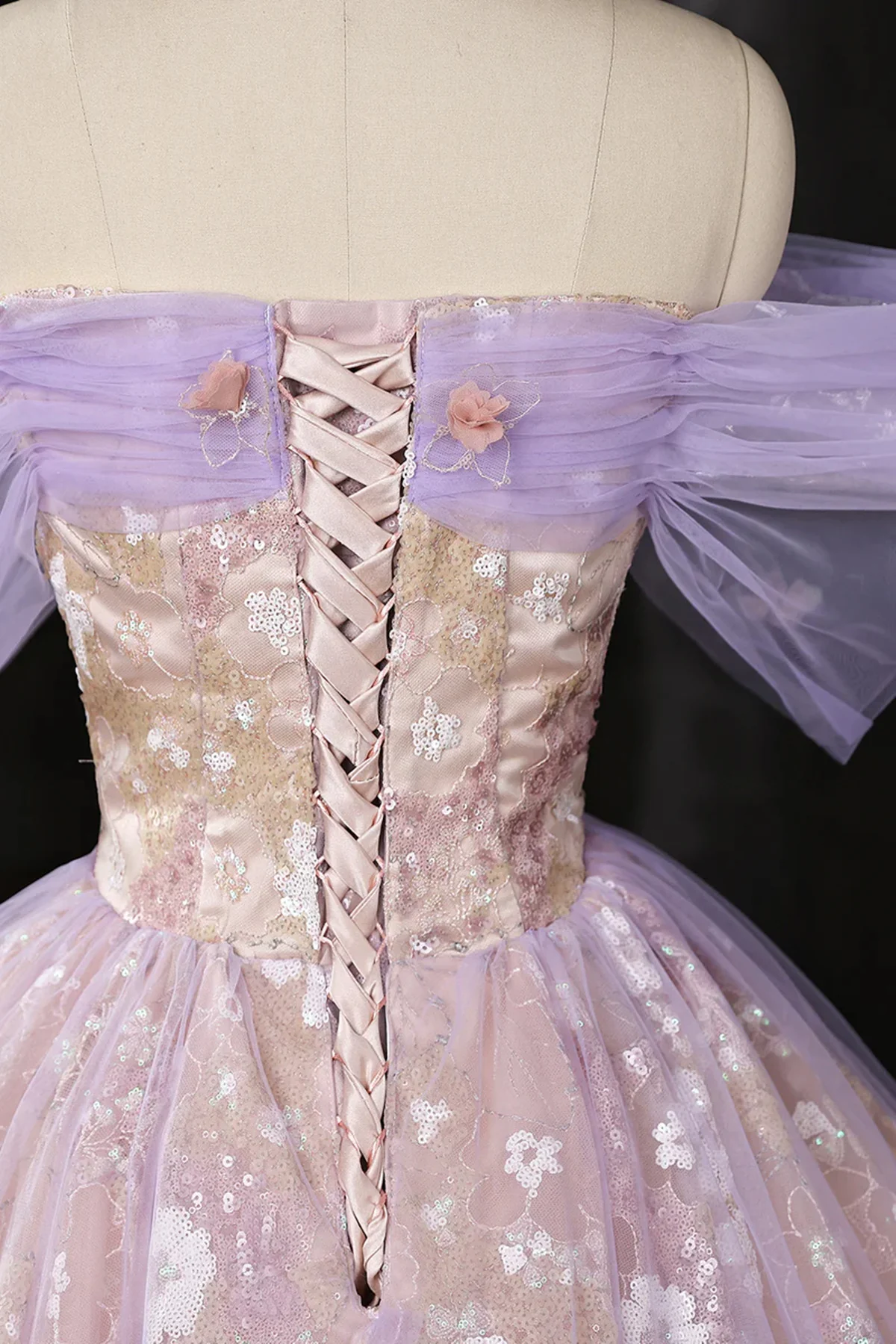 Light Purple Floral Tulle Prom Dress with Lace, A-line Off Shoulder Evening Dress Formal Dress  fg8733