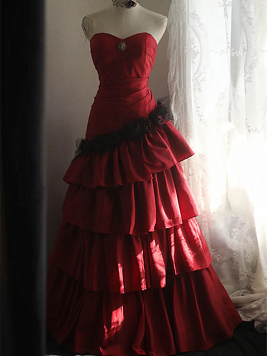 Elegant Red Gothic Tiered Ball Gown, Strapless Sweetheart Ruffle Prom Dress  fg8728