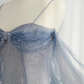 Glitter Blue Tulle A-Line Evening Dress, Blue Off Shoulder Prom Dress with Puff Sleeves  fg8738