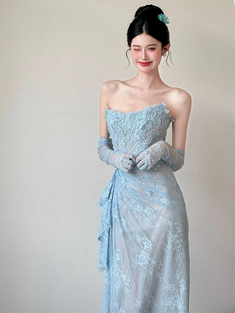 Blue Lace Mermaid Long Prom Dress Sexy Evening Dresses   fg7665