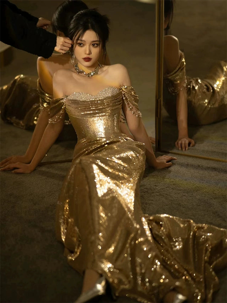 Mermaid Gold Long Prom Dress Sexy Off Shoulder Evening Dresses   fg7664