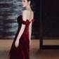 Burgundy Velvet Mermaid Long Prom Dress Off Shoulder Evening Dresses With Slit    fg7669