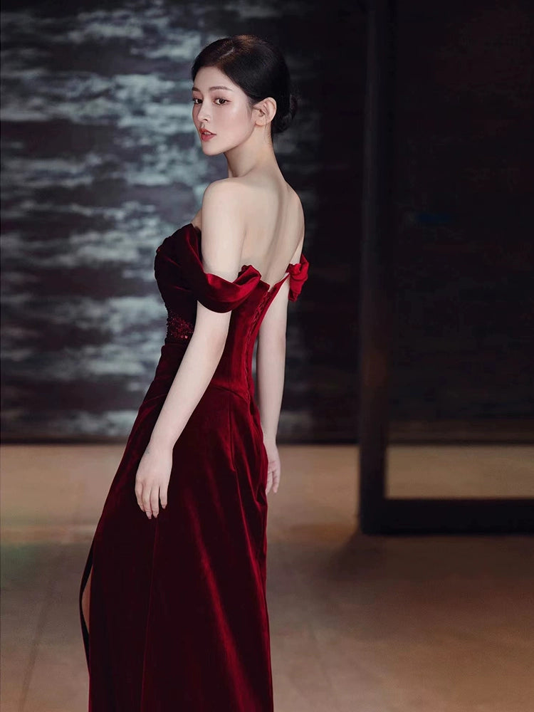 Burgundy Velvet Mermaid Long Prom Dress Off Shoulder Evening Dresses With Slit    fg7669