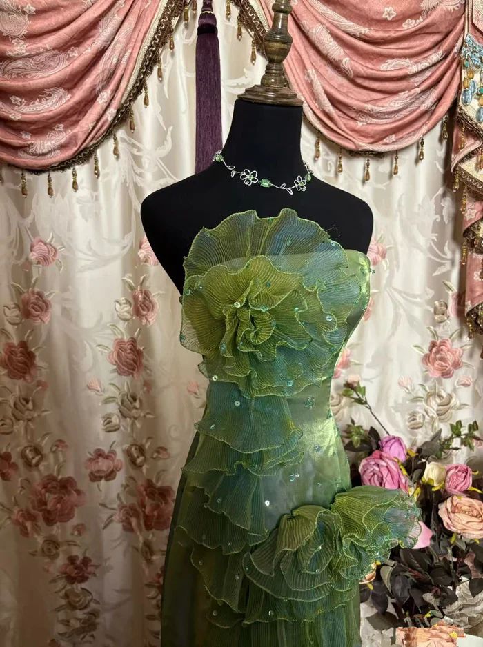 Vintage Green Strapless Satin Tulle Layered Ruffle Mermaid Long Prom Dress Evening Gown  fg8444