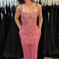 Gorgeous Pink Spaghetti Straps Sequin Beaded Long Evening Dress Formal Party Gown fg8357
