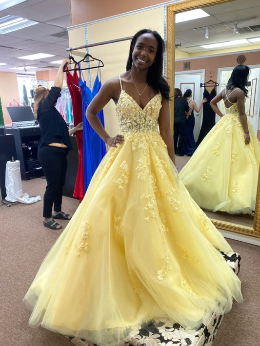 A Line Yellow Tulle Prom Dress Long Evening Dress   fg8032
