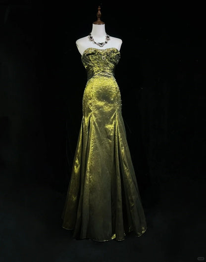 Vintage Green Strapless Long Prom Party Dress Long Evening Dress   fg8083