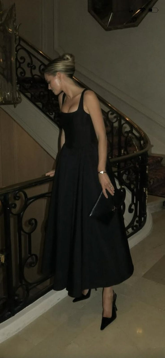 A Line Black Evening Dress Ankle Length Prom Dresses   fg7568