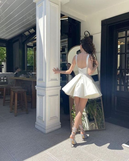 Robe de soirée courte et élégante, col carré, en satin, sans manches, coupe trapèze, longueur mini, sur mesure, fg5405