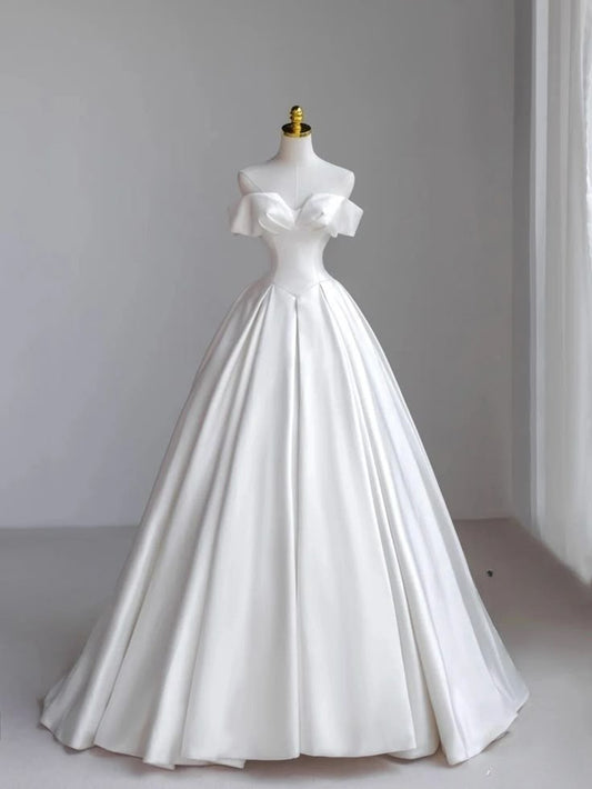 A Line Off Shoulder White Long Bridal Gown Wedding Dress    fg7829