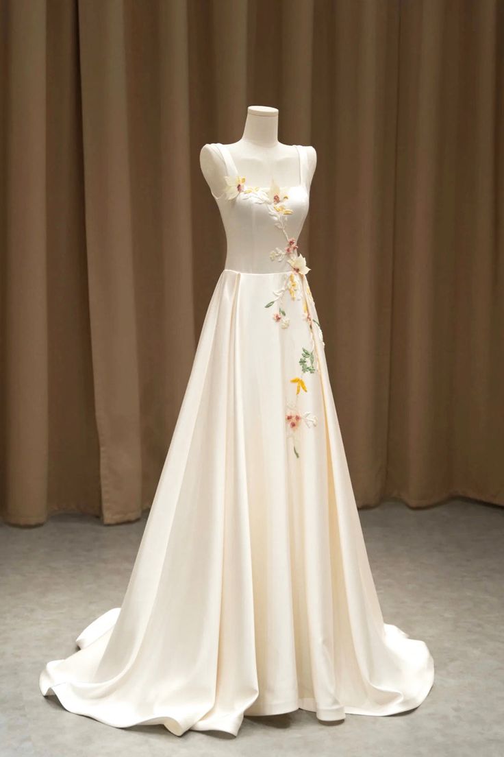 Elegant Satin Floor Length Formal Dress with 3D Flowers, Light Champagne A-Line Evening Party Dress  fg7524