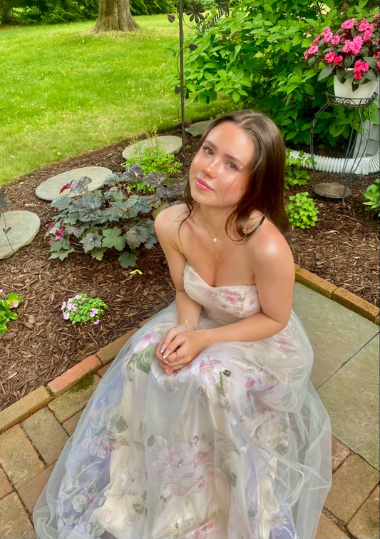 Floral A Line Long Prom Party Dress Tulle Evening Dress fg8298