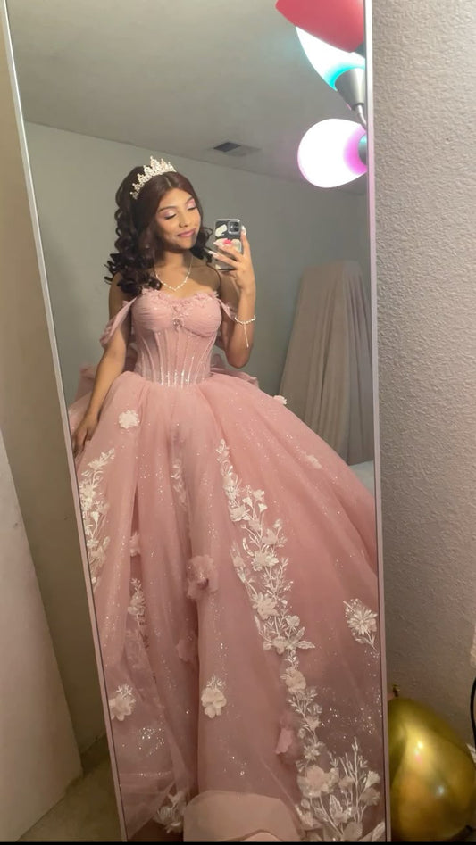 Pink Quinceanera Dresses 3D Flowers Sweet 15 16 Party Off The Shoulder Ball Gown   fg7974