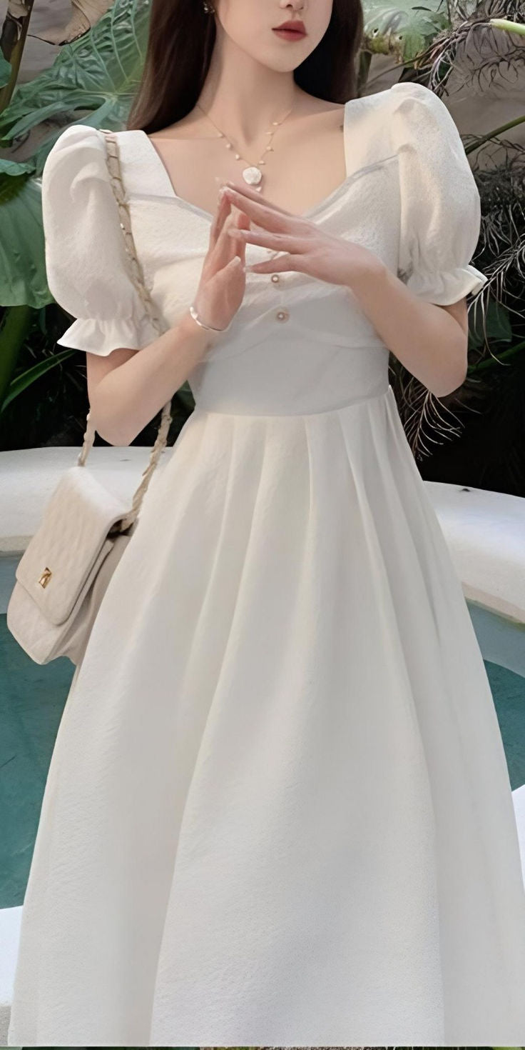 A Line White Short Sleeves Evening Gowns, Party Prom Dress    fg7464