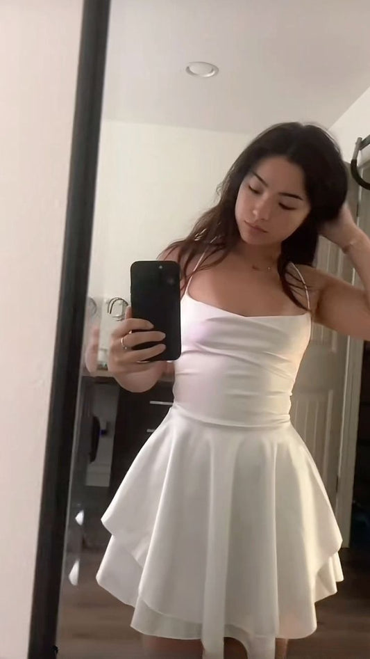 Cute White A Line Spaghetti Straps Lace-Up Back Short Graduation Dress     fg7451